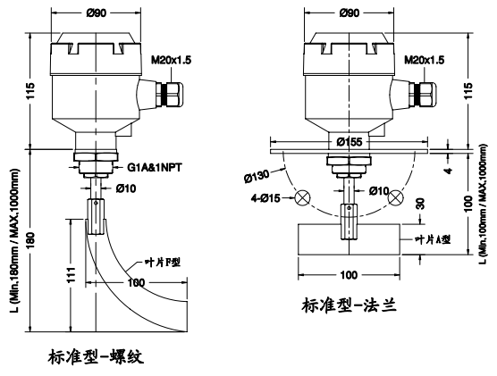 Spin-11A標(biāo)準(zhǔn)型阻旋料位開關(guān)尺寸圖